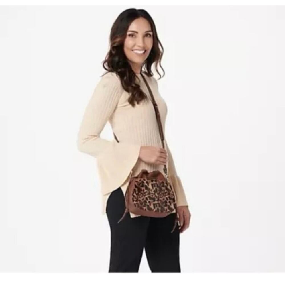 Vince Camuto Animal Print Leather Drawstring Crossbody Boho Bag Cow Hair Western